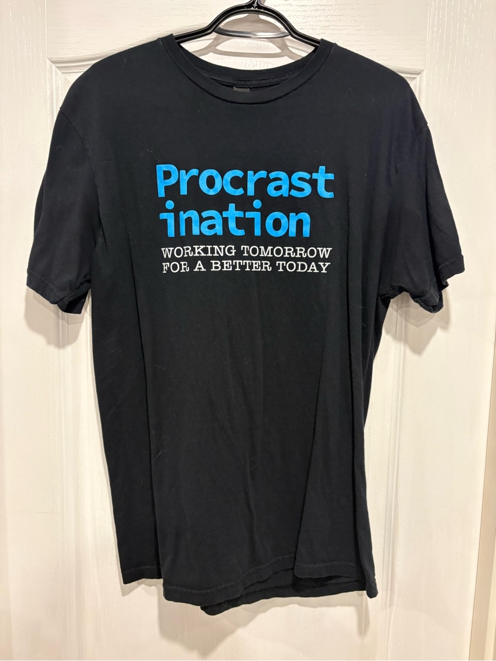 Gildan Black Short Sleeve Tee with Bright Blue Procrastination Graphic
